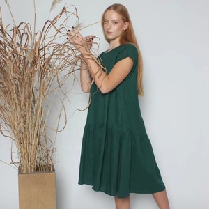 Nouvelle arrivée, robe midi formelle ample en coton vert foncé avec poches - Product Image 1