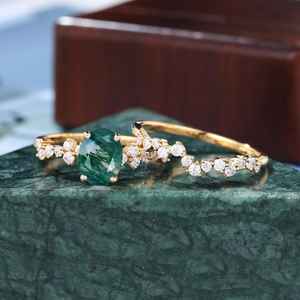 Ensemble de bagues de fiançailles ovales en agate mousse avec grappe de moissanite, style vintage, pour femme, bijoux fins OEM ODM - Product Image 3