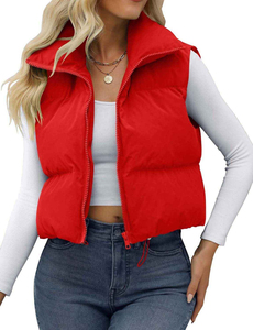 Chaleco acolchado rojo para mujer con cuello alto y cierre de cremallera, informal, sin mangas, de color liso, corto, para exterior - Product Image 6
