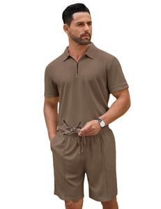 Ensemble deux pièces classique pour homme, tendance, en polyester respirant à motif floral, polo zippé et short, vêtements de sport décontractés d'été - Product Image 1