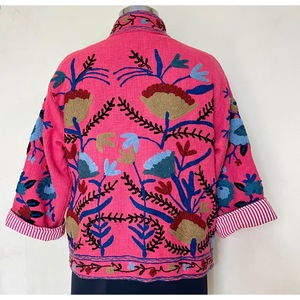 SHYAM EXPORT Veste courte en toile de coton rose brodée à la main pour l'automne et l'hiver, col mandarin, motif floral, manches longues, pull-over - Product Image 5