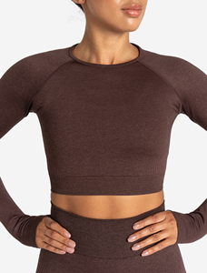 Haut court marron à manches courtes pour femme, imprimé, en coton tricoté et élasthanne, col rond, coupe décontractée, séchage rapide, anti-plis, respirant - Product Image 3