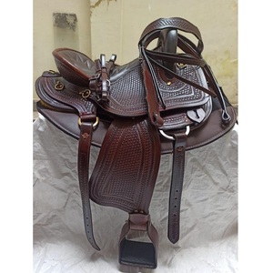 Selle de cheval Western en cuir marron foncé pour l'endurance, avec siège rembourré tressé, étriers, sangles de latigo et harnais - Product Image 1