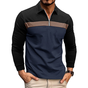 Men's Long Sleeve Color Blocked Knitted <b>Polo</b> <b>Shirt</b> Casual Regular Fit Navy <b>Blue</b> With Black Sleeves Zipper Design 2027 - Product Image 1