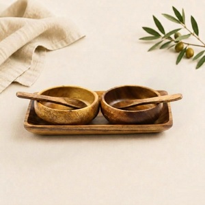 Ensemble de bols à condiments en bois d'acacia écologiques faits à la main avec plateau de service rectangulaire et cuillères, bols à sauce pour hôtel - Product Image 1