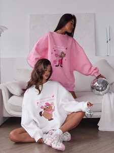 เสื้อสเวตเชิ้ตคอกลมสีฟ้าอ่อนขนาดใหญ่สำหรับผู้หญิงพร้อมกราฟิกการ์ตูนหนูน่ารัก เสื้อสวมหัวลำลองแขนยาว - Product Image 6