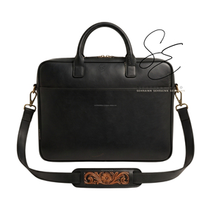 Sac à bandoulière en cuir véritable Western pour homme, classique, à motifs floraux, pour ordinateur portable, avec sangle réglable, sac d'affaires unisexe, sac messager noir - Product Image 4