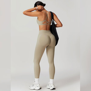 <b>Seamless</b> Yoga Set 2 Piece High Waist Crop Top & <b>Leggings</b> Solid Color Crisscross Back Sport Wear for Women - Product Image 3