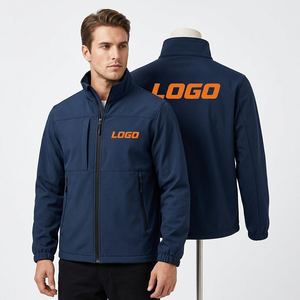 Chaqueta de Trabajo con Capucha Azul Marino para Hombre, Resistente al Viento, con Logotipo Naranja Impreso por Transferencia Térmica, Cuello Alto, Cierre de Cremallera, para Otoño - Product Image 2