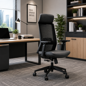 Chaise de bureau ergonomique en maille avec support lombaire 4D réglable, dossier ouvert, pivotante, base métallique, style moderne, pour la maison - Product Image 1