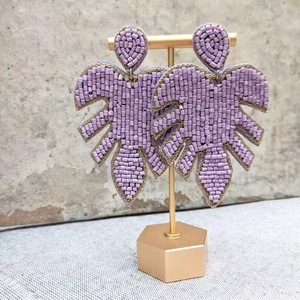 Mosstera <b>Leaf</b> Beaded floral earrings orange pink green glass seed bead embroidery flower <b>leaf</b> drop design for party wedding gift - Product Image 1