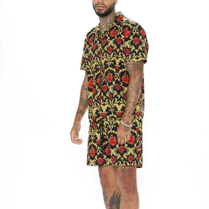 Ensembles 2 pièces en satin pour hommes, style décontracté, avec logo personnalisé, respirants, séchage rapide, imprimé hawaïen, chemise et short tissés – Vente en gros pour l'été - Product Image 1