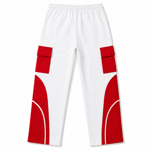 Pantalones Deportivos Cargo para Hombre, Blancos con Detalles Rojos, 100% Algodón, Forro Polar Ecológico, Bolsillos Utilitarios, Estilo Urbano, Joggers - Product Image 2