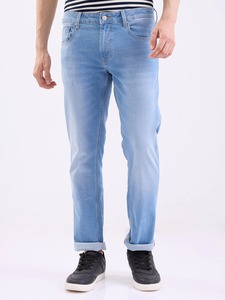 Blue Washed <b>Men</b> Denim Jogger Pants Knitted Jeans Mid Rise Elastic Waist <b>Stretch</b> Casual Trousers - Product Image 2
