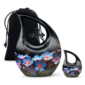 Juego de urnas con diseño de flor de ciruelo chino azul, urna grande y urna de recuerdo para cenizas - Product Image 2