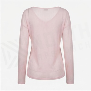 <b>Pink</b> Ribbed <b>Long</b> <b>Sleeve</b> Scoop Neck <b>Top</b> With Button Closure Breathable Women's Sportswear - Product Image 2