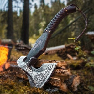 Hand Forged Carbon Steel Acid Etched Viking Bearded <b>Axe</b> with Wooden Handle Leather Grip Outdoor Camping Collector's <b>Axe</b> OEM - Product Image 1