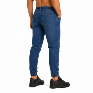 Wholesale <b>Men</b> Denim Jeans Elastic Waist Drawstring Cuffed Leg Soft <b>Stretch</b> Denim Jogger Trousers Washed Tone Denim Jeans - Product Image 4