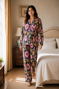 100% Cotton Women's Floral Printed V-neck Night <b>Suit</b> Set <b>Pajama</b> | Soft Breathable Lightweight Long Sleeve Sleepwear - Product Image 2