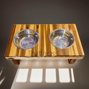 Support d'alimentation pour animaux de compagnie en bois avec bols en acier inoxydable, design rayé, durable pour chiens, fabriqué au Vietnam - Product Image 1