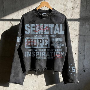 T-shirts personnalisés imprimés effet vieilli délavé à l'acide, en molleton bouclette 260 g/m², coupe ample, épais, pour hommes, à manches longues - Product Image 2