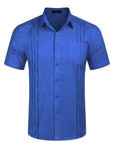 Chemise en lin pour homme pour l'été, style cubain Shagua Abella, design colorblock, brodée, à manches courtes, décontractée, col à revers, anti-rétrécissement - Product Image 2