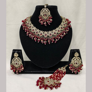 Ensemble collier et boucles d'oreilles en perles de cristal autrichien plaqué or JeweleMarket, avec Maang Tikka |   Bijoux de mariée indiens élégants pour - Product Image 3