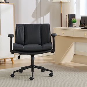 Chaise de bureau en cuir à position jambes croisées avec accoudoirs rabattables et roulettes pivotantes, design confortable avec assise large - Product Image 1