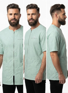 Veste de barbier professionnelle en soie écologique, imperméable, avec logo brodé personnalisé, fermeture éclair, manches courtes - Product Image 5