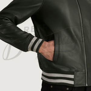 Chaqueta Bomber de Cuero Genuino Verde Oliva para Hombre con Cuello Clásico de Camisa y Puños Acanalados a Rayas, Prenda Deportiva Premium - Product Image 1