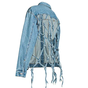 Chaqueta vaquera azul lavado para mujer con cordones en la espalda, detalle de ganchillo, manga larga, cuello vuelto, abrigo de primavera con costuras en contraste - Product Image 3