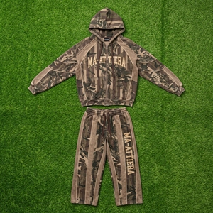 Ensemble survêtement homme marron camouflage avec sweat à capuche zippé et pantalon large – Tenue décontractée streetwear personnalisable avec logo - Product Image 6