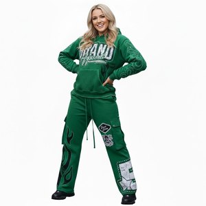 Custom Unisex Rhinestone Skeleton Flame Embroidery Patch Tracksuit Cargo Flare 100% Cotton Sweatpants Set Trendy Jogging Suit - Product Image 3