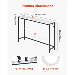 Modern Marble <b>Console</b> <b>Table</b> with Power Outlet <b>Slim</b> Sofa Side <b>Table</b> with Iron Tubes Anti-Tip Triangular Support for Apartments - Product Image 2