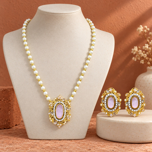 Wholesale Gold Plated Pink Stone <b>Pearl</b> Necklace Stud Earrings <b>Set</b> Customizable Artificial Jewelry - Product Image 1