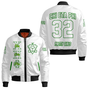เสื้อแจ็คเก็ตบอมเบอร์สีขาวสำหรับผู้ชาย ยี่ห้อ Chi Eta Phi ตัวอักษรสีเขียว ซิปด้านหน้า สไตล์ลำลอง พร้อมดีไซน์ลายปะติด - Product Image 1