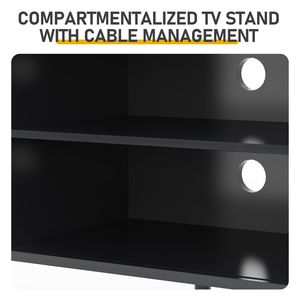 Soporte de TV de tablero de partículas negro con relieve y puertas correderas de listones, centro de entretenimiento con mesa ovalada de 147x35x58cm y diseño moderno - Product Image 6