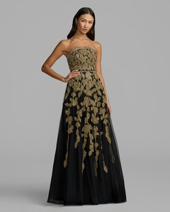 Elegant A-Line Evening <b>Gown</b> Black Gold Floral Embroidery <b>Floor</b>-<b>Length</b> Polyester Natural Waistline Anti-Wrinkle Party Dress - Product Image 5