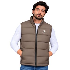 Chaleco acolchado para hombre color marrón taupe, sin mangas, con cierre completo, cuello alto, cálido, informal, para exteriores, con bolsillo. - Product Image 1