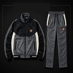 Ensemble de survêtement sportif pour homme, noir et gris, blocs de couleur, fermeture éclair intégrale, col montant, séchage rapide, polyester, pour l'automne - Product Image 1