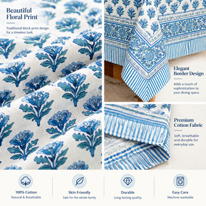 Nappe en coton simple, motif floral bleu, imprimée à la main, style indien, pour la maison et l'hôtellerie, vente en gros - Product Image 3