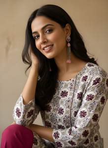 Womens White Printed Cotton Straight Kurti Round Neck <b>Three</b> Quarter Sleeve Regular Length Fully Stitched Ethnic Wear Summer Top - Product Image 6