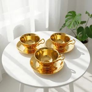 ชุดถ้วยชาและจานรองสแตนเลสสตีลสีทอง แก้วกาแฟสองชั้นเก็บความร้อน ถ้วยเอสเพรสโซ ลาเต้ ชา สำหรับใช้ในบ้านและที่ทำงาน - Product Image 6