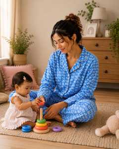 Soft 100% Cotton Woven Floral Print Blue <b>Pyjama</b> Set <b>for</b> Women | Luxury Hand Block Print Nightwear | Button Sleepwear Loungewear - Product Image 5