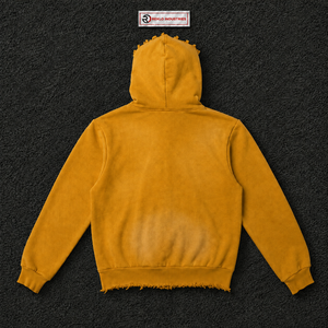 Sweat à capuche zippé oversize doré avec imprimé étoile rouge et bords déchirés, style streetwear unisexe, coupe ample, fermeture éclair intégrale, vêtement de mode - Product Image 6