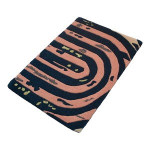Tapis personnalisé en laine et viscose tufté à la main, motif abstrait moderne d'arc concentrique arc-en-ciel, bleu marine, rose corail, design à boucles dorées - Product Image 3