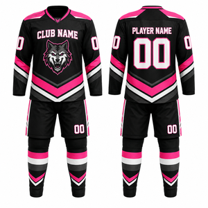 Ensemble de maillots de hockey personnalisés, noir et rose, logo loup, nom du joueur 00, impression par transfert thermique, équipement sportif toutes saisons - Product Image 1
