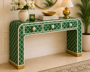 Table console en os incrusté de style bohème avec 3 tiroirs, meuble d'entrée de luxe, meuble d'appoint pour couloir, décoration de salon - Product Image 4