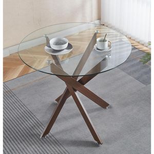 Tavolo da Pranzo Moderno Salvaspazio con Piano in Vetro Temperato Color Noce e Gambe Incrociate in Metallo per Cucina o Soggiorno - Product Image 1