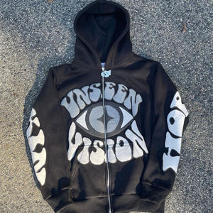 Sudadera con capucha negra extragrande con cremallera, diseño Vision Eye, ecológica, transpirable, con bolsillo, de algodón grueso para invierno, estilo urbano, moda casual - Product Image 1